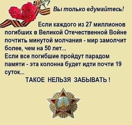 Вы только вдумайтесь Если кщого из 27 миллионов погибших в Великой Отечественной Войне почтить минутой молчания мир замопчит более чем на 50 лет Если все погибшие пройдут парадом памяти эта колонна будет идти почти 19 суток ТАКОЕ НЕПЬЗЯ ЗАБЫВАТЬ