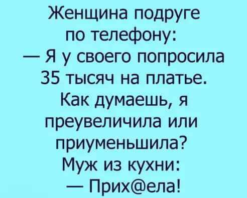 Женщина подруге по телефону Я у своего попросила 35 тысяч на платье Как думаешь я преувеличила или приуменьшила Муж из кухни Прихела