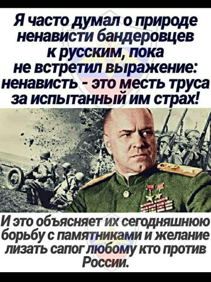 Я часто думал о природе ненависти бандеровцев к руссгшм пока не встретил выражение ненависть это месть труса за испытанныи им страх И это объясняет их сегодняшнюю борьбу с памятниками и желание лизать сапог любому кто против России _