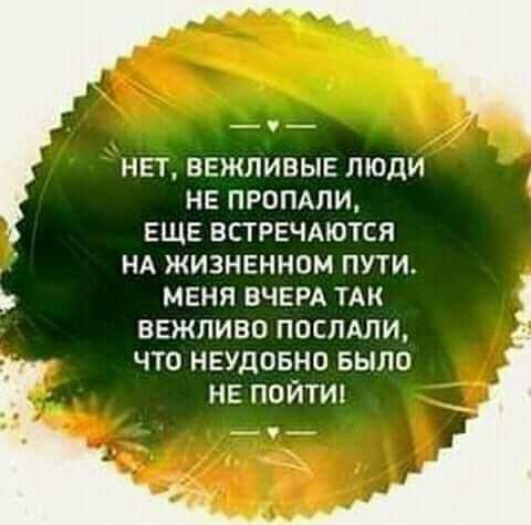 НЕТ ВЕЖЛИВЫЕ ЛЮДИ НЕ ПРОПАЛИ ЕЩЕ ВПРЕЧАЮТСЯ НА ЖИЗНЕННОМ ПУТИ _ МЕНЯ ВЧЕРА ТАК ВЕЖЛИВО ПОСЛАЛИ ЧТО НЕУДОБНО БЫЛО НЕ ПОЙТИ