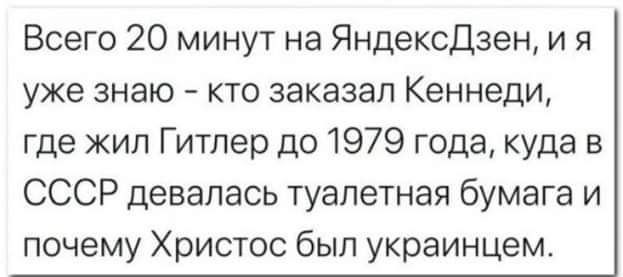 Всего 20 минут на Яндексдзен и я уже знаю кто заказал Кеннеди где жил Гитлер до 1979 года куда в СССР девапась туалетная бумага и почему Христос был украинцем