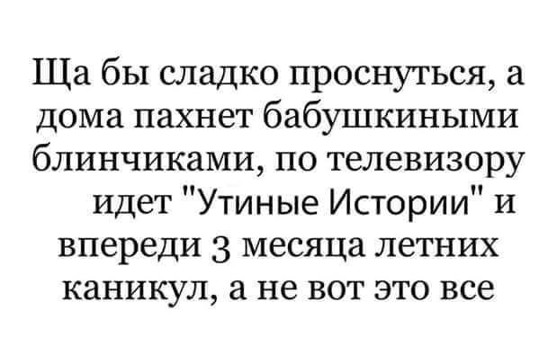 Ща бы сладко проснуться а дома пахнет бабушкиными блинчиками по телевизору идет Утиные Истории и впереди 3 месяца летних каникул а не вот это все