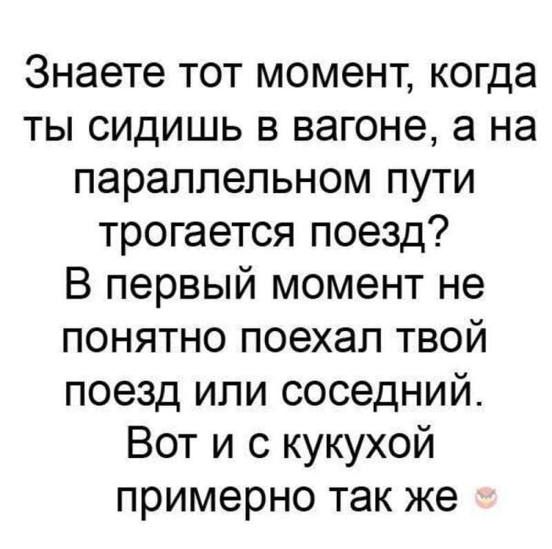 Знаете тот момент когда ты сидишь в вагоне а на параллельном пути трогается поезд В первый момент не понятно поехал твой поезд или соседний Вот и с кукухой примерно так же