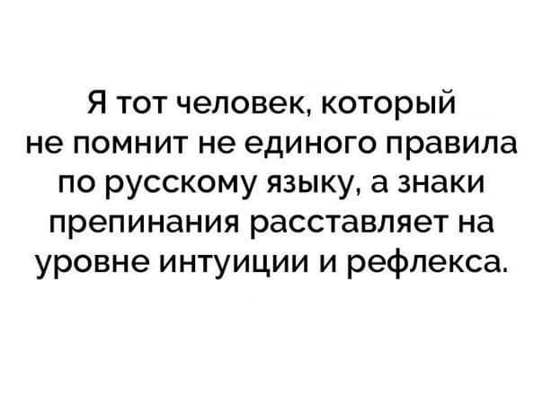 Я тот человек который не помнит не единого правила по русскому языку а знаки препинания расставляет на уровне интуиции и рефлекса