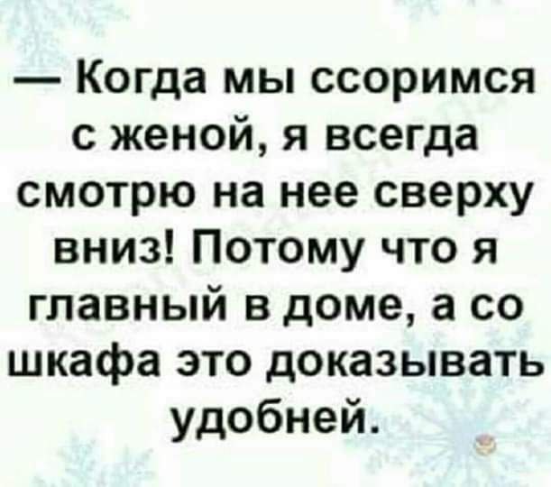 Когда мы ссоримся с женой я всегда смотрю на нее сверху вниз Потому что я главный в доме а со шкафа это доказывать удобней