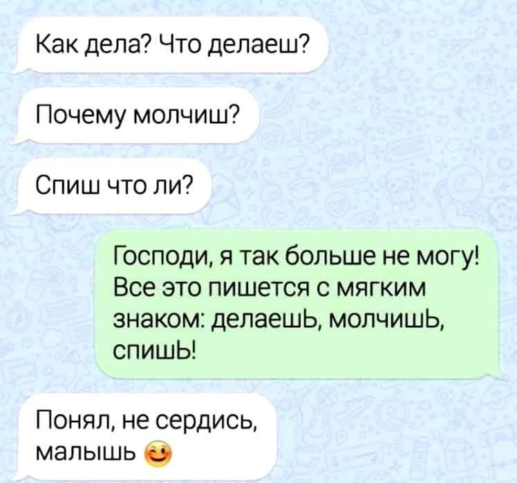 Как дела Что делаеш Почему мопчиш Спиш что ли Г осподи я так больше не могу Все это пишется с мягким знаком делаешь молчишь спишы Понял не сердись мапышь