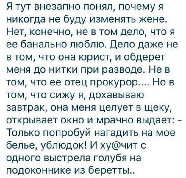 Я тут внезапно понял почему я никогда не буду изменять жене Нет конечно не в том дело что я ее банально люблю Дело даже не в том что она юрист и обдерет меня до нитки при разводе Не в том что ее отец прокурор Но в том что сижу я дохавываю завтрак она меня целует в щеку открывает окно и мрачно выдает Только попробуй нагадить на мое белье ублюдок И учит с одного выстрела голубя на подоконнике из бер