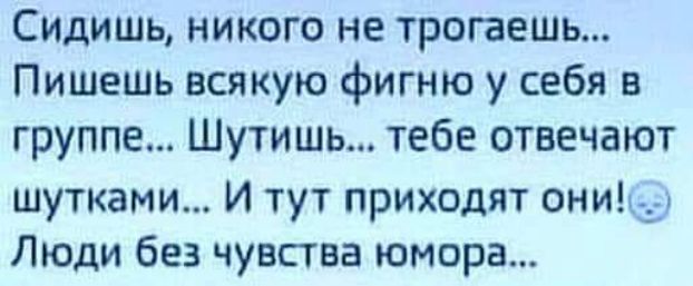 Сидишь никого не трогаешъ Пишешь всякую фигню у себя в группе Шутишь тебе отвечают шутками И тут приходят онид Люди без чувства юмора