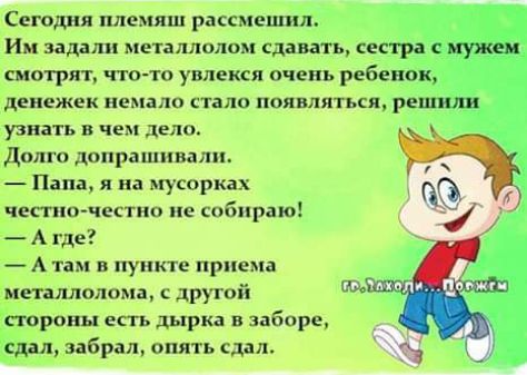 Сегодня племяш рассмеипш Ип зашли металлолом сдавать сестра нужен смотри к что то увлекся очень ребенок денежек немало стало появляться решили узнать в чем дело долго допрашивали Папа л на мусорках кгпяо чегпю пе собираю _ А где _Аим в пункте приема иепллолома другой сторопы ить дырка в заборе сдал забрал ошпь пл