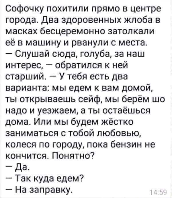 Софочку похитили прямо в центре города два здоровенных жпоба в масках бесцеремонно затопкали её в машину и рванули места Слушай сюда голуба за наш интерес обратился к ней старший У тебя есть два варианта мы едем вам домой ты открываешь сейф мы берём шо надо и уезжаем а ты остаешься дома Или мы будем жёстко заниматься с тобой любовью копеся по городу пока бензин не кончится Понятно Да Так куда едем