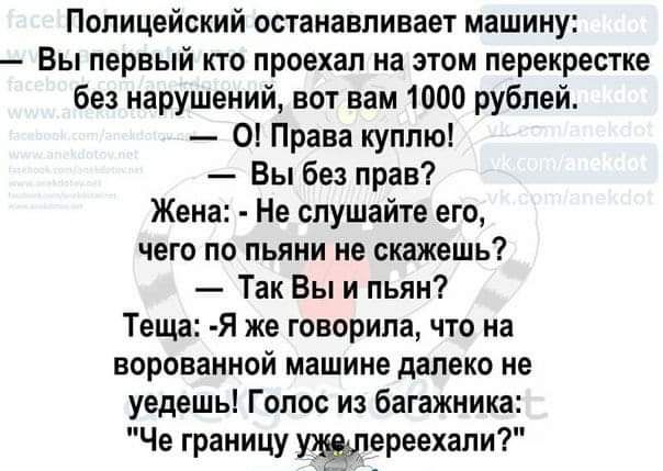 Полицейский останавливает машину Вы первый кто приехал на этом перекрестке без нарушений ват вам 1000 рублей 0 Права куплю Вы без прав Жена Не слушайте его чего по пьяни не скажешь Так Вы и пьян Теща Я же говорила что на воронанной машине далеко не уедешь Голос из багажника Че границу ереехапи7