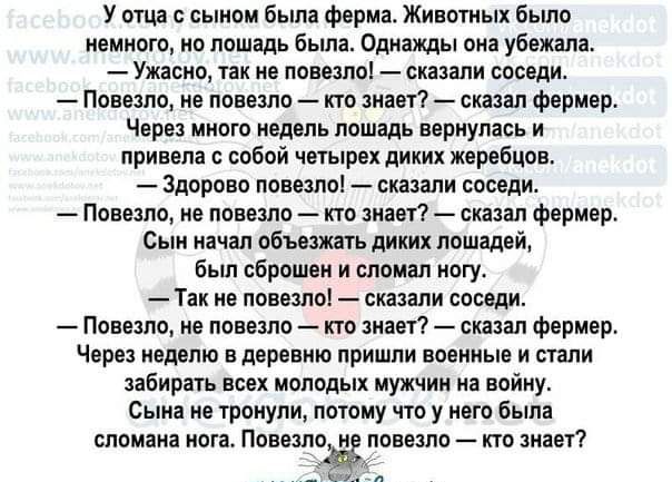 у отца пымои выла фарма Жипоиых Было немного ио пищаль Бьші Однажды виа уважала _Ухасна Тік ив помню сказали соседи _ Повезло на повезла _ кто анат фпривр Чара иного едапь лошадь всриупась и приипв спбвй четырех диких Жеребцов Здорово поищи сказали соседи Повезло ие ппвшю по мат _ сказал фврмвр Сын начал ьбышть диких лошадей Бьш брошои и сломал агу Так на понел 0 скашпи соо ди _ Пошло нв новшю _ п