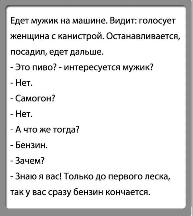 Едет мужик на машине Видит голосует женщина каиисгрой Останавливается посадил едет дальше Это пиво интересуется мужик Нет Самогон Нет А что же тогда Бензин Зачем Знаю я вас Только до первого песка так у вас сразу бензин кончается