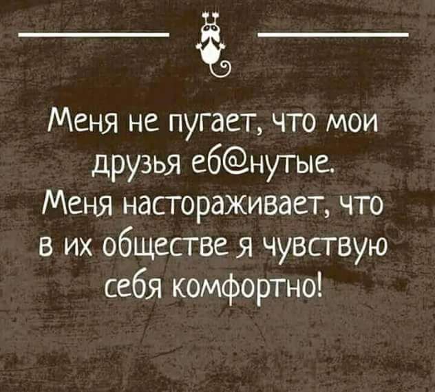 Меня не пугает что мои друзья ебнутые Меня настораживает что в их обществе я чувствую себя комфортно