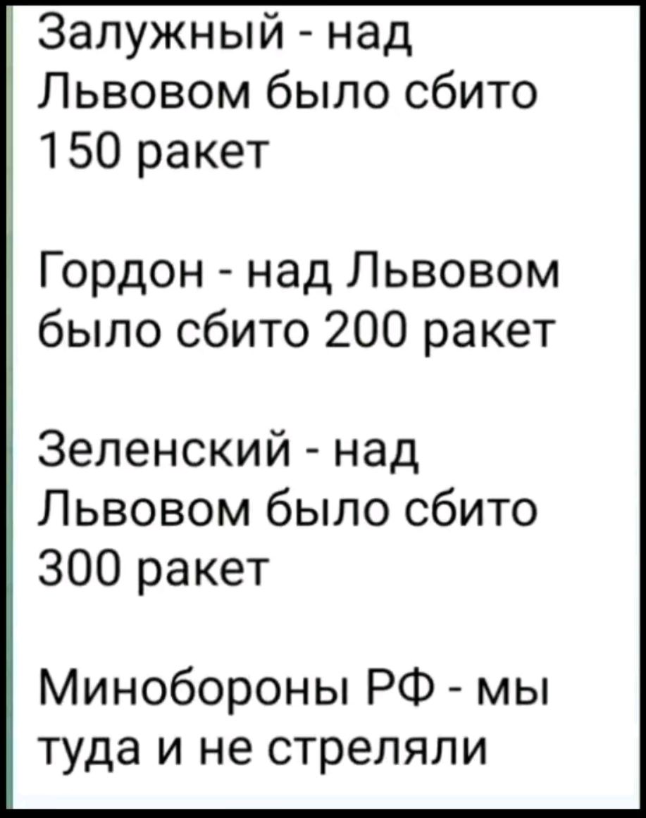 Залужный над Львовом было сбито 150 ракет Гордон над Львовом было сбито 200 ракет Зеленский над Львовом было сбито 300 ракет Минобороны РФ мы туда и не стреляли