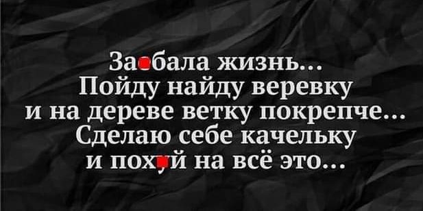 Заебала жизнь Пойду найду веревку и на дереве ветку покрепче Сделаю себе качельку и похуй на всё это