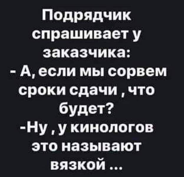 Подрядчик спрашивает у заказчика А если мы сорвем сроки сдачи что будет Ну у кинологов это называют вязкой