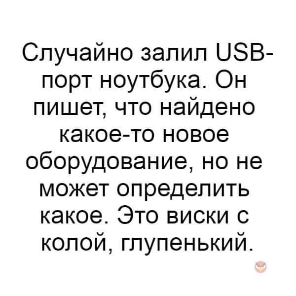 Случайно залил ЦЗВ порт ноутбука Он пишет что найдено какое то новое оборудование но не может определить какое Это виски с колой гпупенький