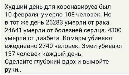 Худший день для коронавируса был 10 февраля умерло 108 человек Но в тот же день 26283 умерли от рака 24641 умерли от болезней сердца 4300 умерли от диабета Комары убивают ежедневно 2740 человек Змеи убивают 137 человек каждый день Сделайте глубокий вдох и вымойте руки