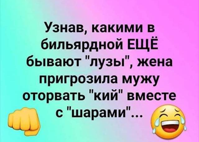 Узнав какими в бильярдной ЕЩЁ бывают лузы жена пригрозила мужу оторвать кий вместе _ с шарами