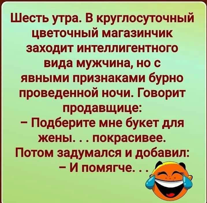 Шесть утра В круглосуточный цветочный магазинчик заходит интеллигентного вида мужчина но с явными признаками бурно проведенной ночи Говорит продавщице Подберите мне букет для жены покрасивее Потом задумался и добавил И помягче