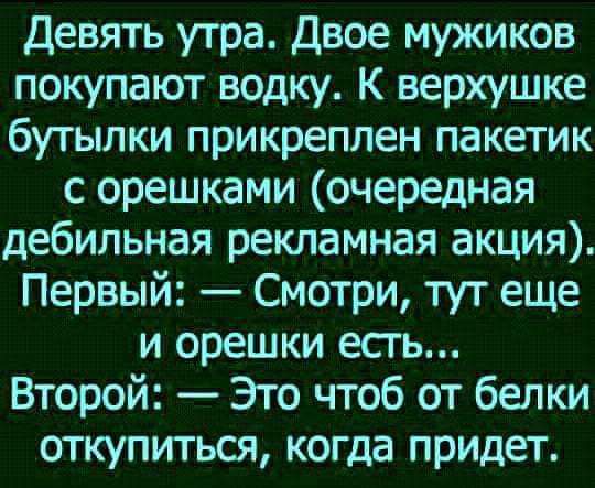 Девять утра Двое мужиков покупают водку К верхушке бутылки прикреплен пакетик с орешками очередная дебильная рекламная акция Первый Смотри тут еще и орешки есгь Второй Это чтоб от белки откупиться когда придет