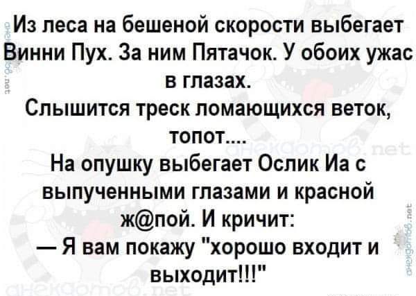 Из леса на бешеной скорости выбегает Винни Пух За ним Пятачок У обоих ужас в глазах Слышится треск помающихся веток топот На опушку выбегает Ослик Иа выпученными глазами и красной жпой И кричит Я вам покажу хорошо входит и выходит