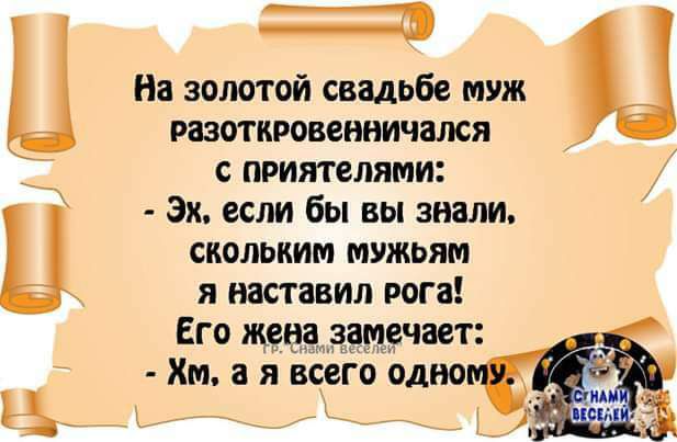 П 15 На золотой свадьбе муж разотировенничался с приятелями 3х если бы вы знали скольким мужьям я наставил рога Его жена замечает Хм а я всего одно _