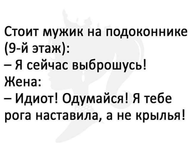 Стоит мужик на подоконнике 9 й этаж Я сейчас выброшусь Жена Идиот Одумайся я тебе рога наставила а не крылья