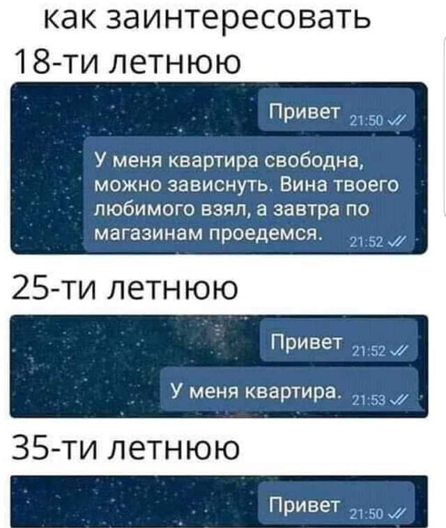 как заинтересовать 18 ти летнюю Привет У меня квартира свободна можно зависнуть Бина твоего любимого взял а завтра по магазинам провдемся 25 ти летнюю Привет 2152 и У меня квартира 53 35 ти летнюю Привет