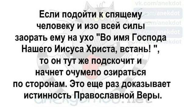 Если подойти к спящему человеку и изо всей силы заорать ему на ухо Во имя Господа Нашего Иисуса Христа встань то он тут же подскочит и начнет очумело озираться по сторонам Это еще раз доказывает истинность Православной Веры