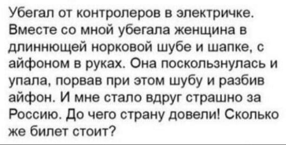 Убегап от контролеров в электричке Вместе со мной убегапа женщина в дпиннющей норковой шубе и шапке айфоном в руках Она поскользнупась и упала порвав при этом шубу и разбив айфон И мне стало вдруг страшно за России до чего страну довели Сколько же билет стоит