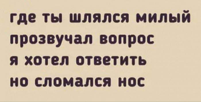 где ТЫ ШЛЯЛСЯ милый прозвучал ВОПРОС Я ХОТЕЛ ОТВОТИТЬ НО СЛОМЗЛСЯ НОС