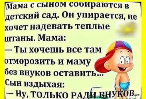 Мама сыном собираются в детский сад Он унирается ие хочет надевать теплые штаны Мама Ты хочешь все там отморозить и маму без внуков оставить Сын вздыхая Ну только РАДЁН