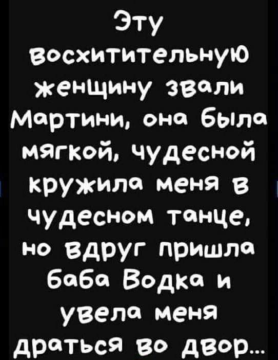 Эту восхитительную женщину звали мартини оно Было мягкой чудесной кружили меня в чудесном танце но Вдруг пришла баба Водка и увела меня драться Во дзор