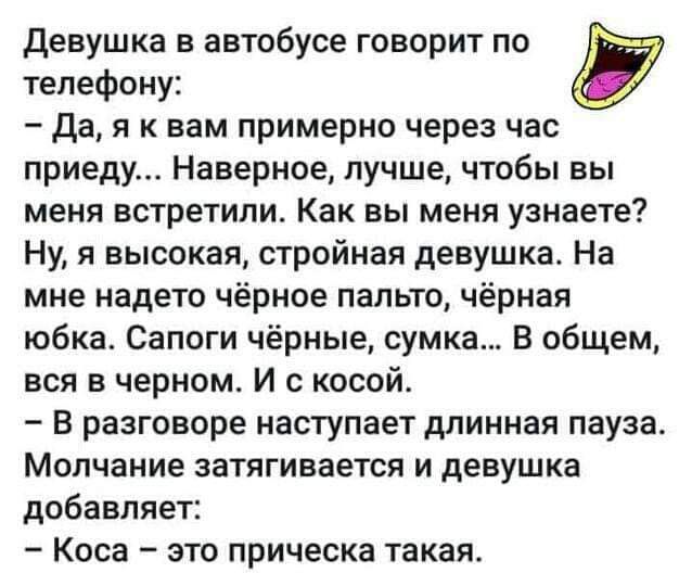 девушка в автобусе говорит по телефону Да я к вам примерно через час приеду Наверное лучше чтобы вы меня встретили Как вы меня узнаете Ну я высокая стройная девушка На мне надето чёрное пальто чёрная юбка Сапоги чёрные сумка В общем вся в черном И с косой В разговоре наступает длинная пауза Молчание затягивается и девушка добавляет Коса это прическа такая