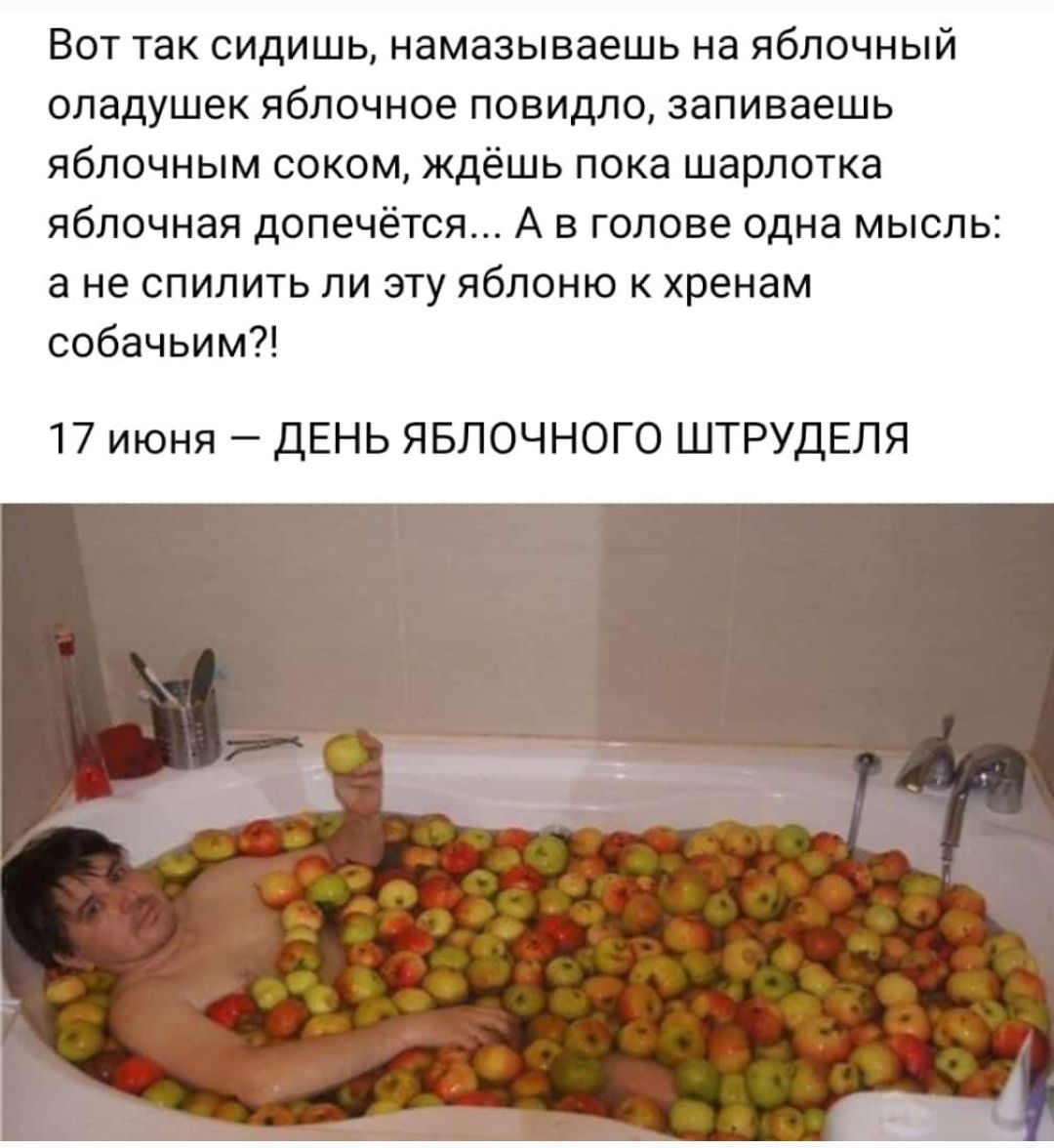 Вот так сидишь намазываешь на яблочный опадушек яблочное повидло заливаешь яблочным соком ждёшь пока шарлотка яблочная допечётсж А в голове одна мысль В не БПИПИТЬ ЛИ ЭТУ ЯбПОНЮ К ХРЕНЗМ собачьим 17 июня ДЕНЬ ЯБЛОЧНОГО ШТРУДЕПЯ
