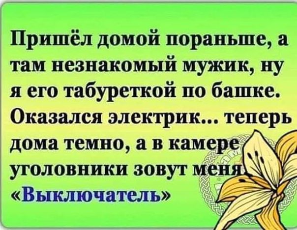 Пришёл домой пораньше а там незнакомый мужик ну я его табуреткой по башке Оказался электрик теперь дома темно а в камере уголовники зовут ме Выключатель