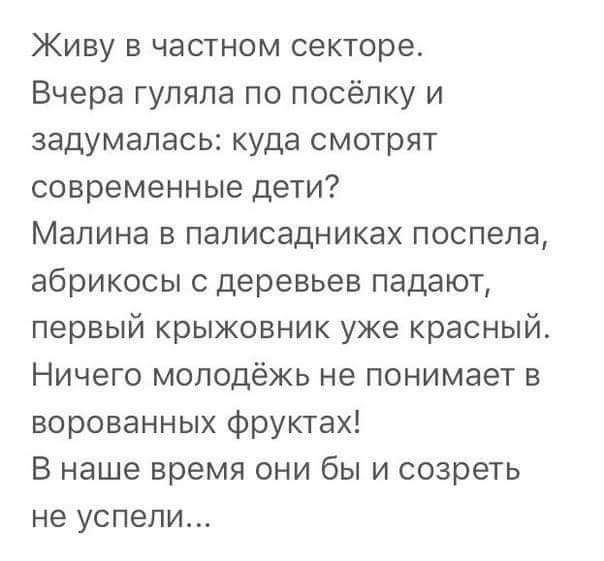 Живу в частном секторе Вчера гупяпа по посёлку и задумалась куда смотрят современные дети Малина в палисадниках поспела абрикосы с деревьев падают первый крыжовник уже красный Ничего молодёжь не понимает в ворованных Фруктах В наше время они бы и созреть не успели