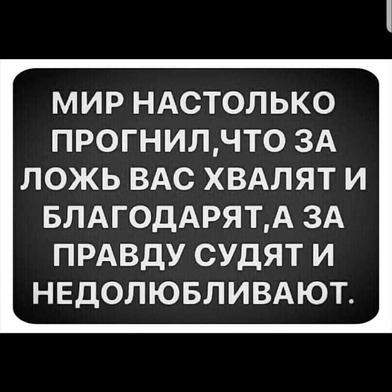 МИР НАСТОЛЬКО ПРОГНИЛЧТ0 3А ЛОЖЬ ВАС ХВАЛЯТ И БЛАГОДАРЯТА ЗА ПРАВДУ СУДЯТ И НЕДОЛЮБЛИВАЮТ