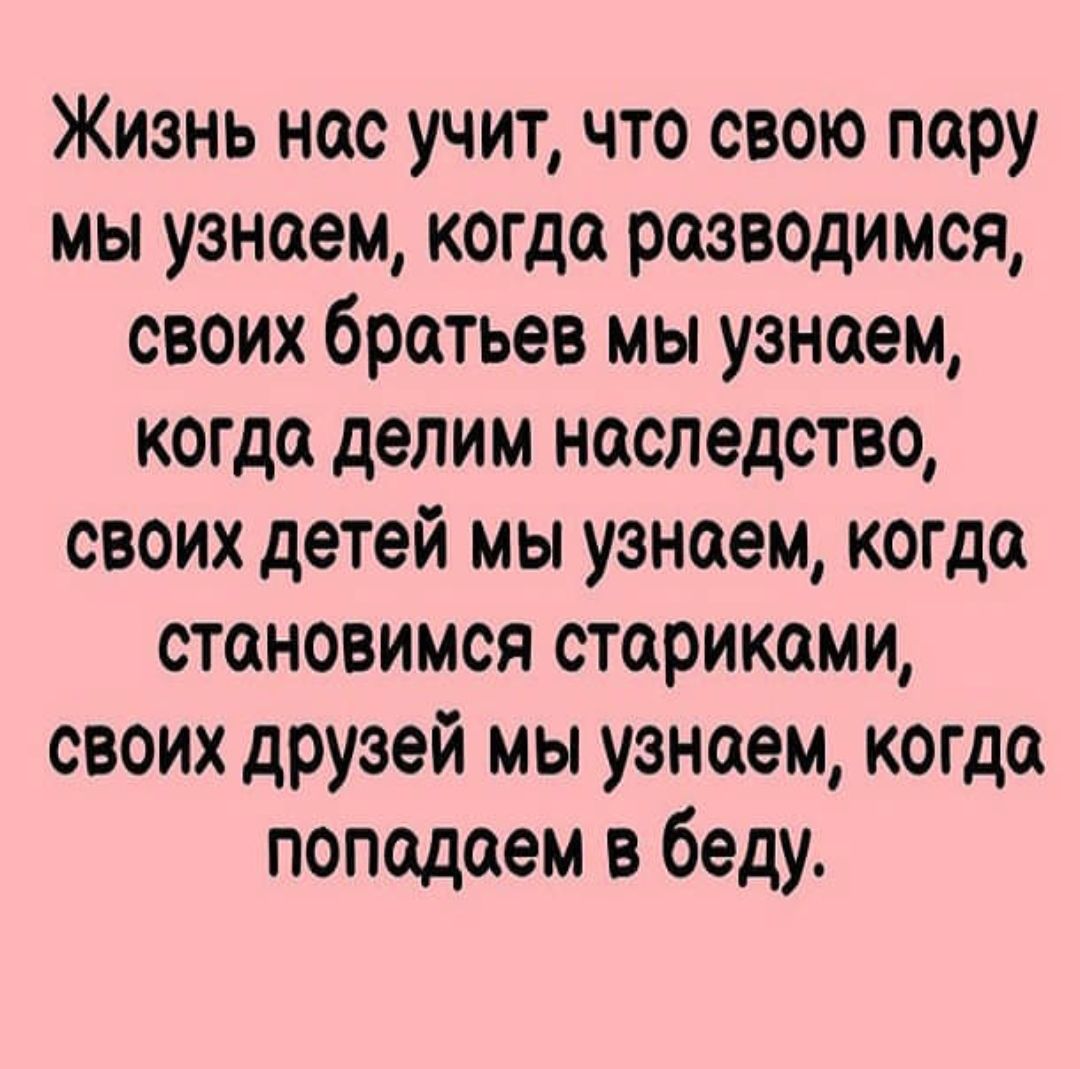 Жизнь нас учит что свою пару мы узнаем когда разводимся своих братьев мы узнаем когда делим наследство своих детей мы узнаем когда становимся стариками своих друзей мы узнаем когда попадаем в беду