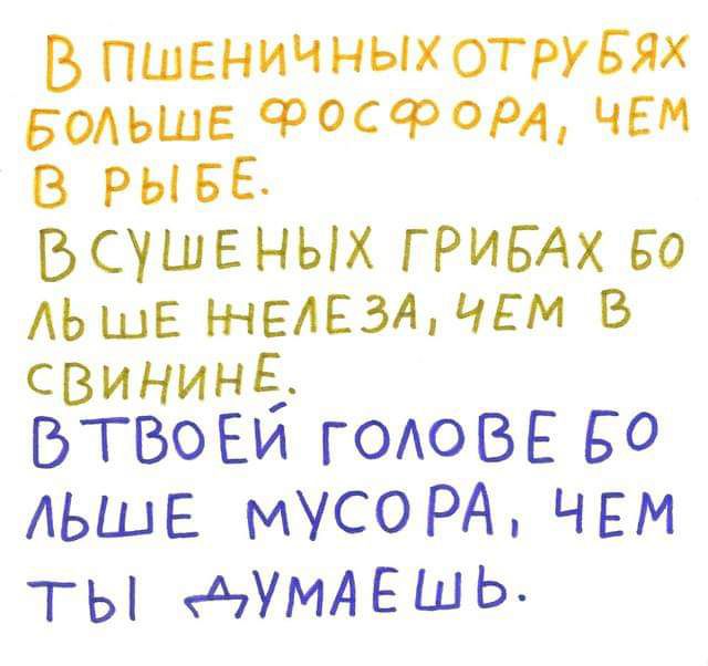 В ПШЕНИЧНЫХОТРУБЯХ Больше ФОСФОРА чем в РЫБЕ Бсуше ных ГРИБАХ 50 ше шелкамиЕМ в свининЕ БТВОЕЙ годоВЕ БО АЬШЕ МУСОРА ЧЕМ ТЬёМАЕШЬ