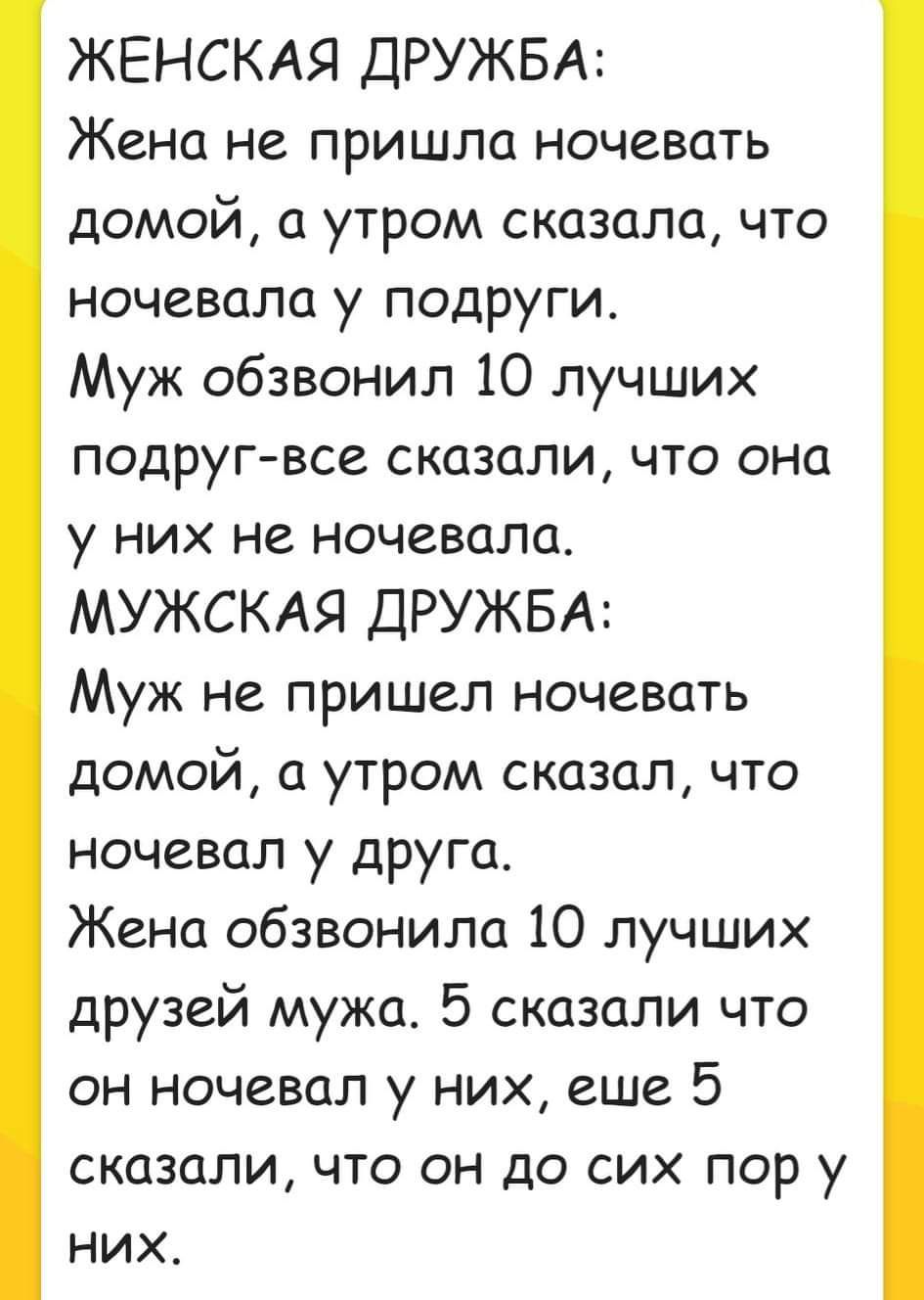 ЖЕНСКАЯ ДРУЖБА Жена не пришла ночевать домой а утром сказала что ночевала у  подруги Муж обзвонил 10 лучших подругвсе сказали что она у них не ночевала  МУЖСКАЯ ДРУЖБА Муж не пришел ночевать