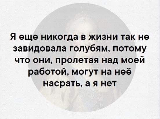 Я еще никогда в жизни так не завидовала голубям потому что они пролетая над моей работой могут на неё насрать а я нет