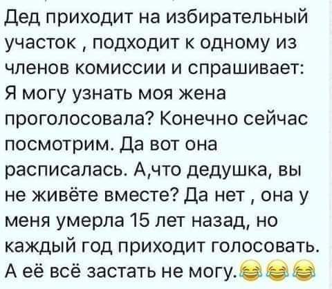 Дед приходит на избирательный участок подходит к одному из членов комиссии и спрашивает Я могу узнать моя жена проголосовала Конечно сейчас посмотрим Да вот она расписалась Ачто дедушка вы не живёте вместе Да нет она у меня умерла 15 лет назад но каждый год приходит голосовать А её всё застать не могу00