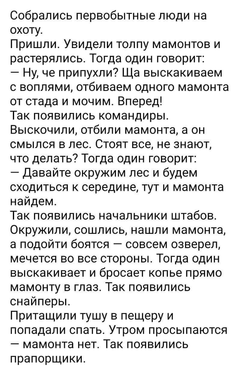 Собрались первобытные люди на охоту Пришли Увидели толпу мамонтов и растерялись Тогда один говорит Ну че припухпи Ща выскакиваем с воплями отбиваем одного мамонта от стада и мочим Вперед Так появились командиры Выскочили отбили мамонта а он смыпся в лес Стоят все не знают что делать Тогда один говорит Давайте окружим лес и будем сходиться середине тут и мамонта найдем Так появились начальники штаб