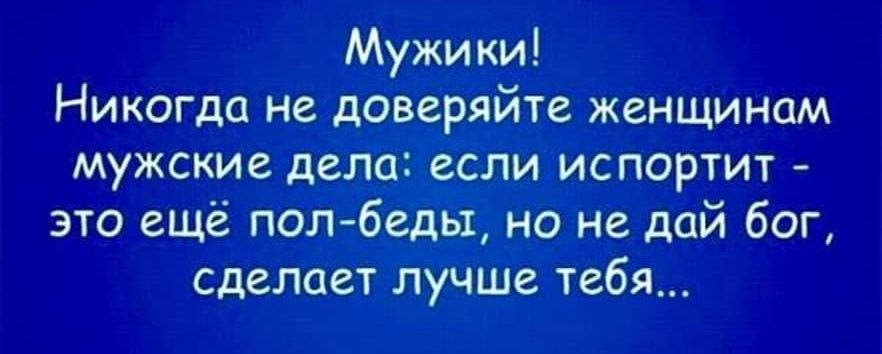 Мужики Никогда недоверяйте женщинам мужские дело если испортит это ещё пойбеды но не дай бог сделает лучше тебя