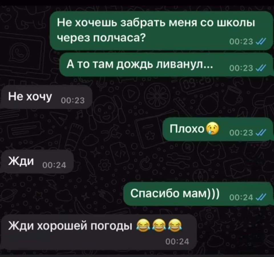 Не хочешь забрать меня со школы через полчаса до А то там дождь пиванул 3 Не хочу Плокс со 2 Жди акти Спасибо мам 24 Жди хорошей погоды со и