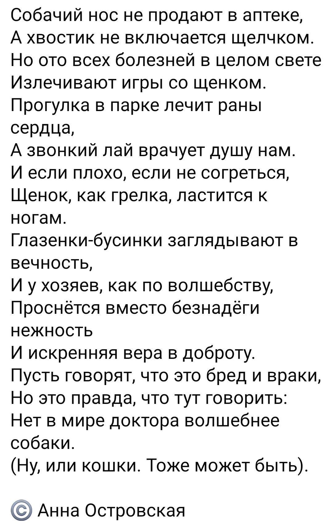 Собачий нос не продают в аптеке А хвостик не включается щелчком Но ото всех болезней в целом свете Излечивают игры со щенком Прогулка в парке лечит раны сеРдЦЕЪ А звонкий лай врачует душу нам И если плохо если не согреться Щенок как грелка ластится к ногам Глазенки бусинки заглядывают в вечность И у хозяев как по волшебству Проснётся вместо безнадёги нежность И искренняя вера в доброту Пусть говор