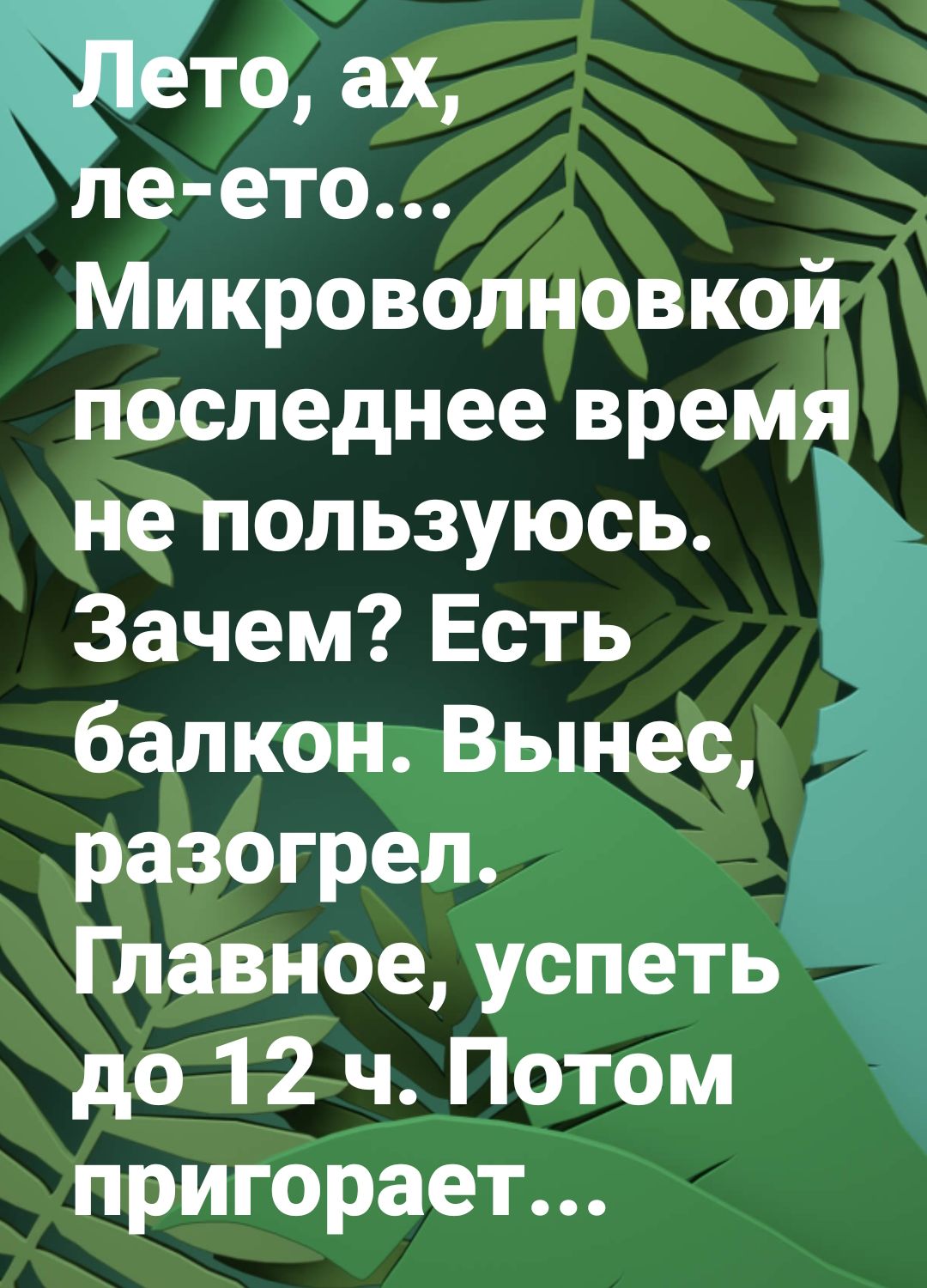 то ах е ето Микроволновкой последнее время непользуюсь Зачем Есть балкон Вынес разогрел Главное успеть до 12 ЕдПотом пригорает